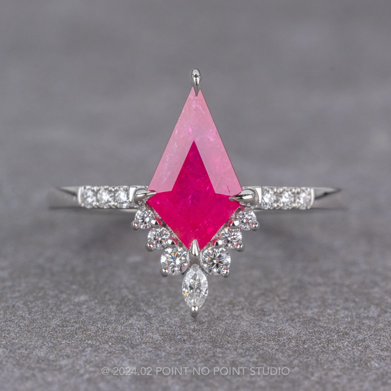 1.52 Carat Fuchsia Pink Kite Ruby And Diamond Engagement Ring, Avaline Setting, Platinum 1 1.52 Carat Fuchsia Pink Kite Ruby And Diamond Engagement Ring, Avaline Setting, Platinum