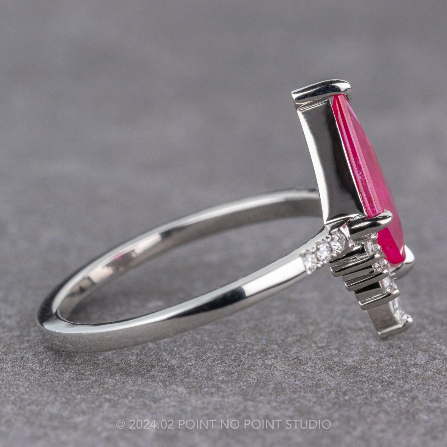 1.52 Carat Fuchsia Pink Kite Ruby And Diamond Engagement Ring, Avaline Setting, Platinum 6 1.52 Carat Fuchsia Pink Kite Ruby And Diamond Engagement Ring, Avaline Setting, Platinum - Image 6