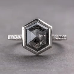 2.80 Carat Black Speckled Hexagon Diamond Engagement Ring, Bezel Jules Setting, Platinum