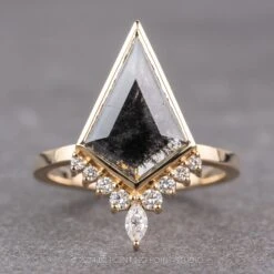 1.72 Carat Black Speckled Kite Diamond Engagement Ring, Bezel Ava Setting, 14K Yellow Gold