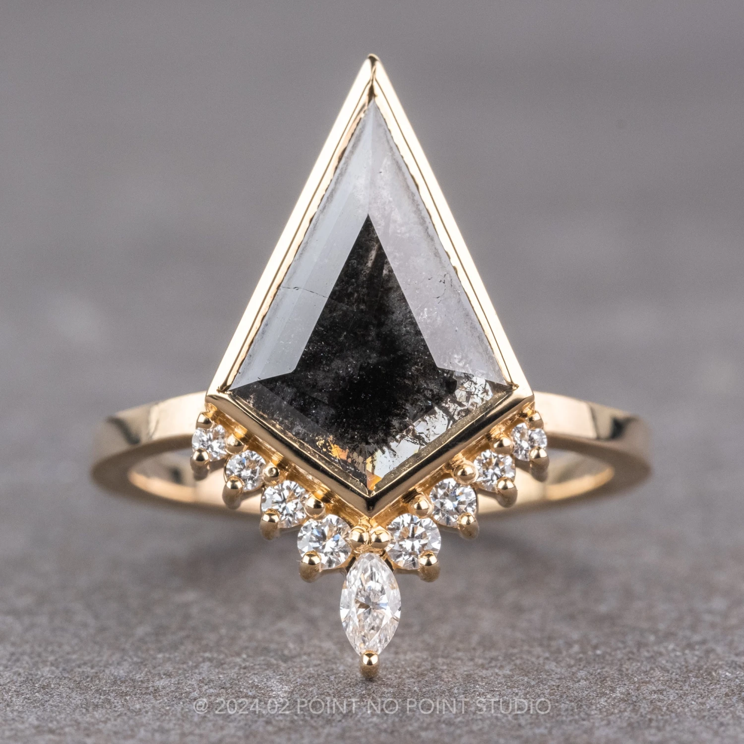 1.72 Carat Black Speckled Kite Diamond Engagement Ring, Bezel Ava Setting, 14K Yellow Gold 1 1.72 Carat Black Speckled Kite Diamond Engagement Ring, Bezel Ava Setting, 14K Yellow Gold