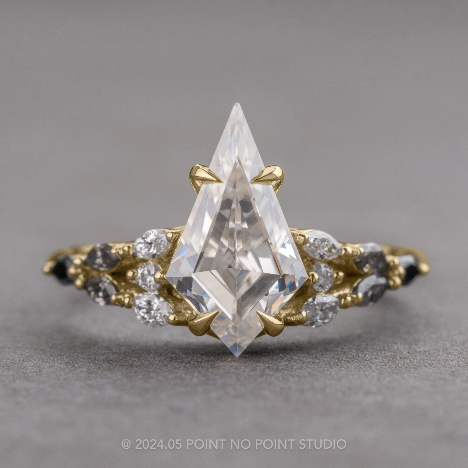 1.85 Carat Kite Moissanite And Diamond Engagement Ring, Ombre Winnie Setting, 14k Yellow Gold 1 1.85 Carat Kite Moissanite And Diamond Engagement Ring, Ombre Winnie Setting, 14k Yellow Gold