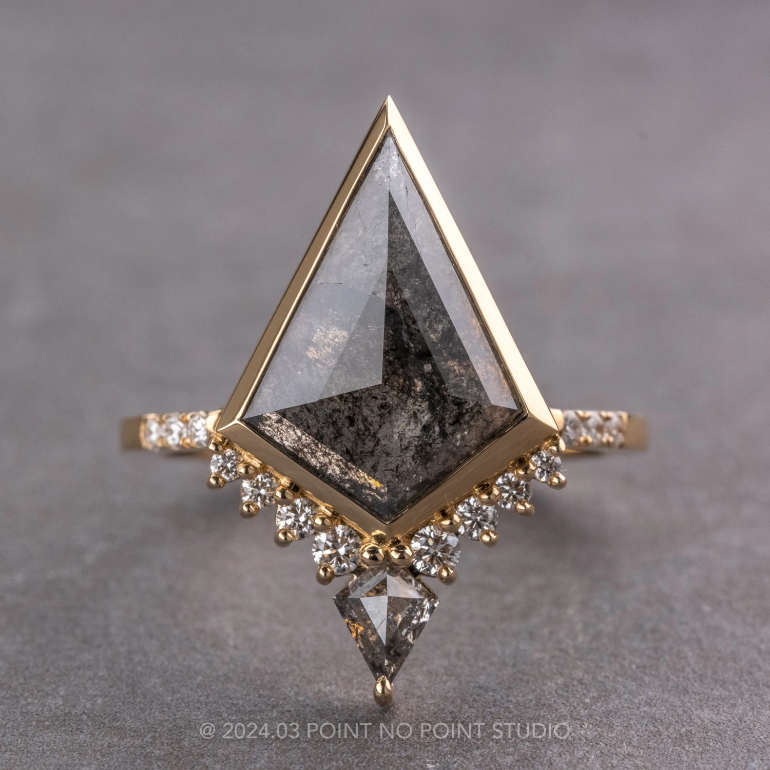 2.08 Carat Black Speckled Kite Diamond Engagement Ring, Bezel Avaline Setting, 14K Yellow Gold 1 2.08 Carat Black Speckled Kite Diamond Engagement Ring, Bezel Avaline Setting, 14K Yellow Gold