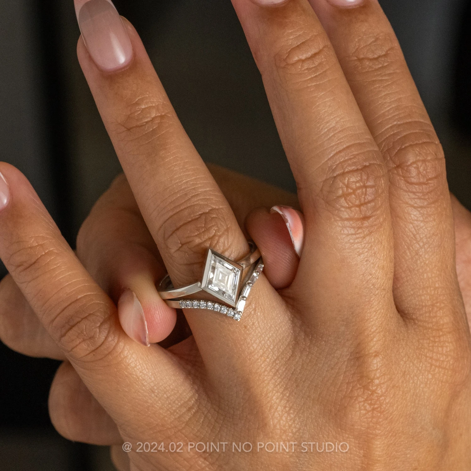 Lozenge Moissanite Engagement Ring, Bezel Jane Setting, Platinum 2 Lozenge Moissanite Engagement Ring, Bezel Jane Setting, Platinum - Image 2