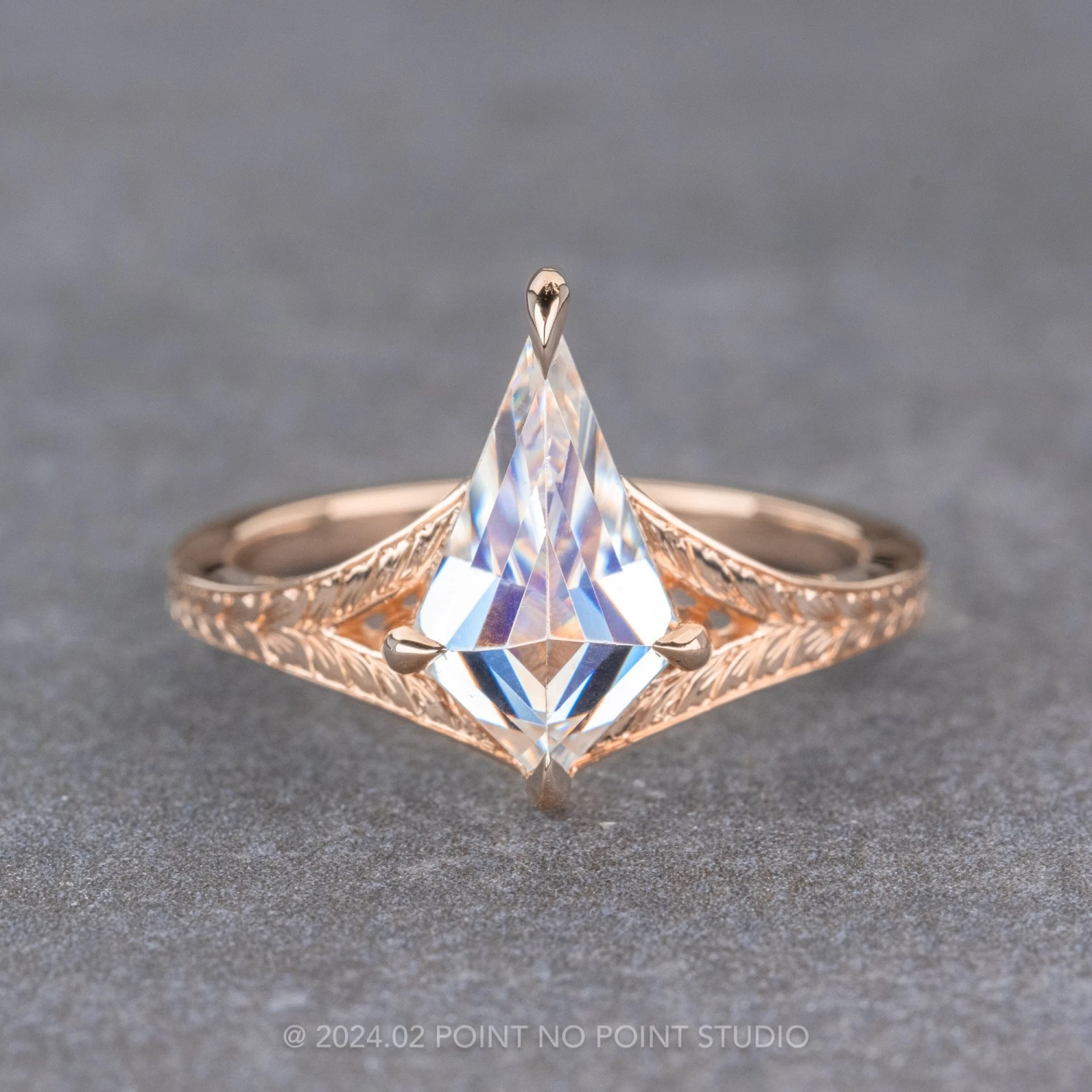 Kite Moissanite Engagement Ring, Split Shank Engraved Jane Setting, 14K Rose Gold 1 Kite Moissanite Engagement Ring, Split Shank Engraved Jane Setting, 14K Rose Gold