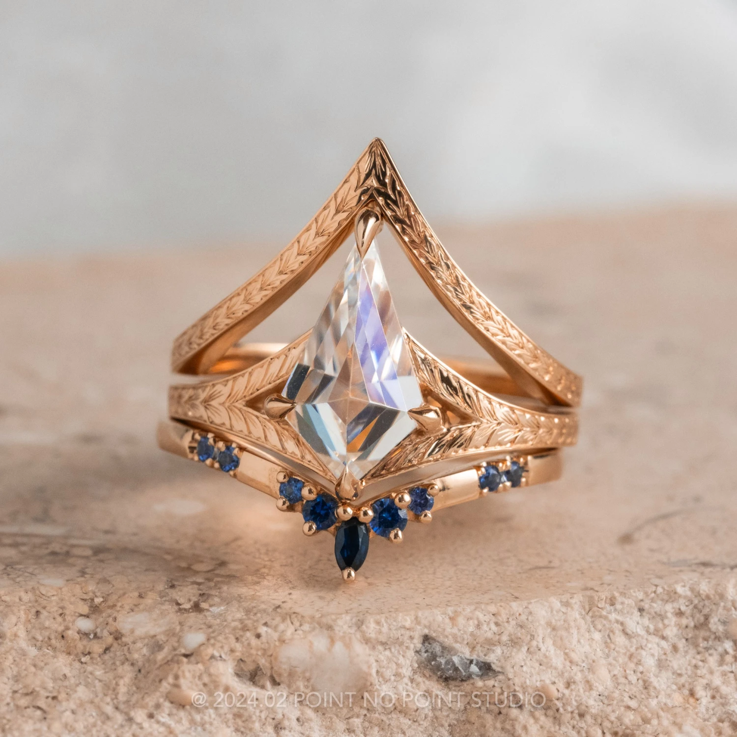 Kite Moissanite Engagement Ring, Split Shank Engraved Jane Setting, 14K Rose Gold 2 Kite Moissanite Engagement Ring, Split Shank Engraved Jane Setting, 14K Rose Gold - Image 2