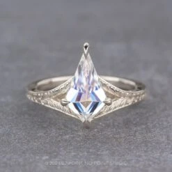Kite Moissanite Engagement Ring, Split Shank Engraved Jane Setting, Platinum