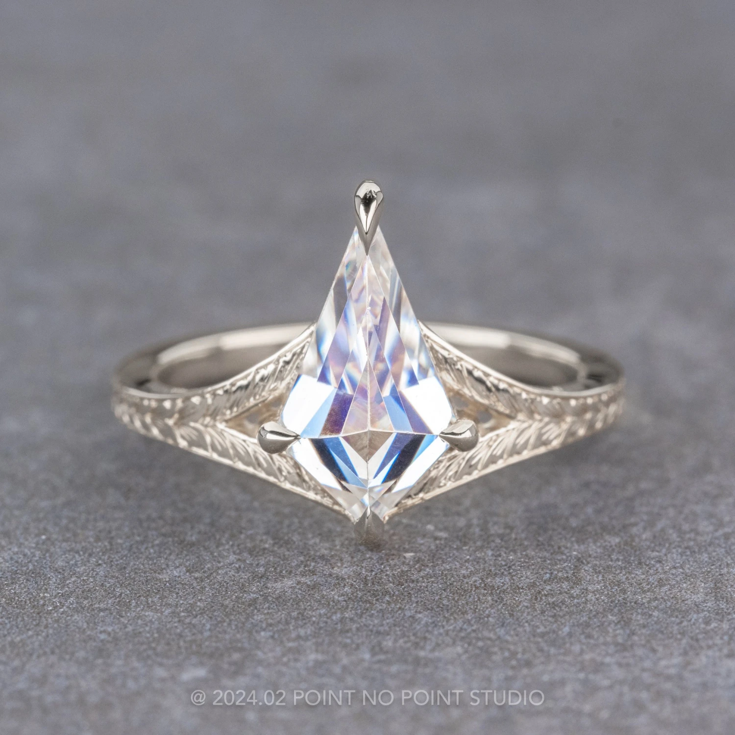 Kite Moissanite Engagement Ring, Split Shank Engraved Jane Setting, Platinum 1 Kite Moissanite Engagement Ring, Split Shank Engraved Jane Setting, Platinum