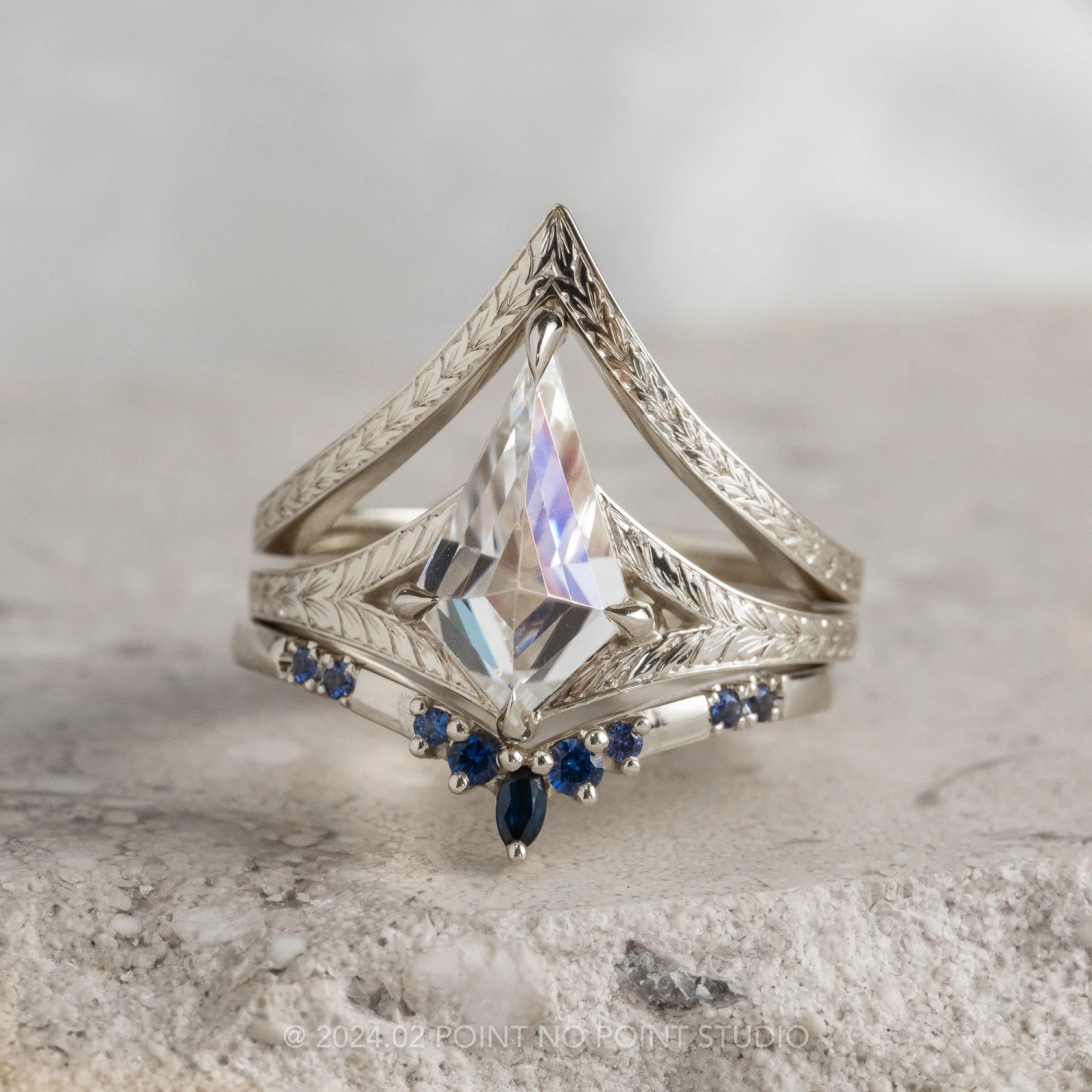 Kite Moissanite Engagement Ring, Split Shank Engraved Jane Setting, Platinum 2 Kite Moissanite Engagement Ring, Split Shank Engraved Jane Setting, Platinum - Image 2