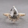 3.64 Carat Salt And Pepper Pear Diamond Engagement Ring, Avaline Setting, 14K Yellow Gold