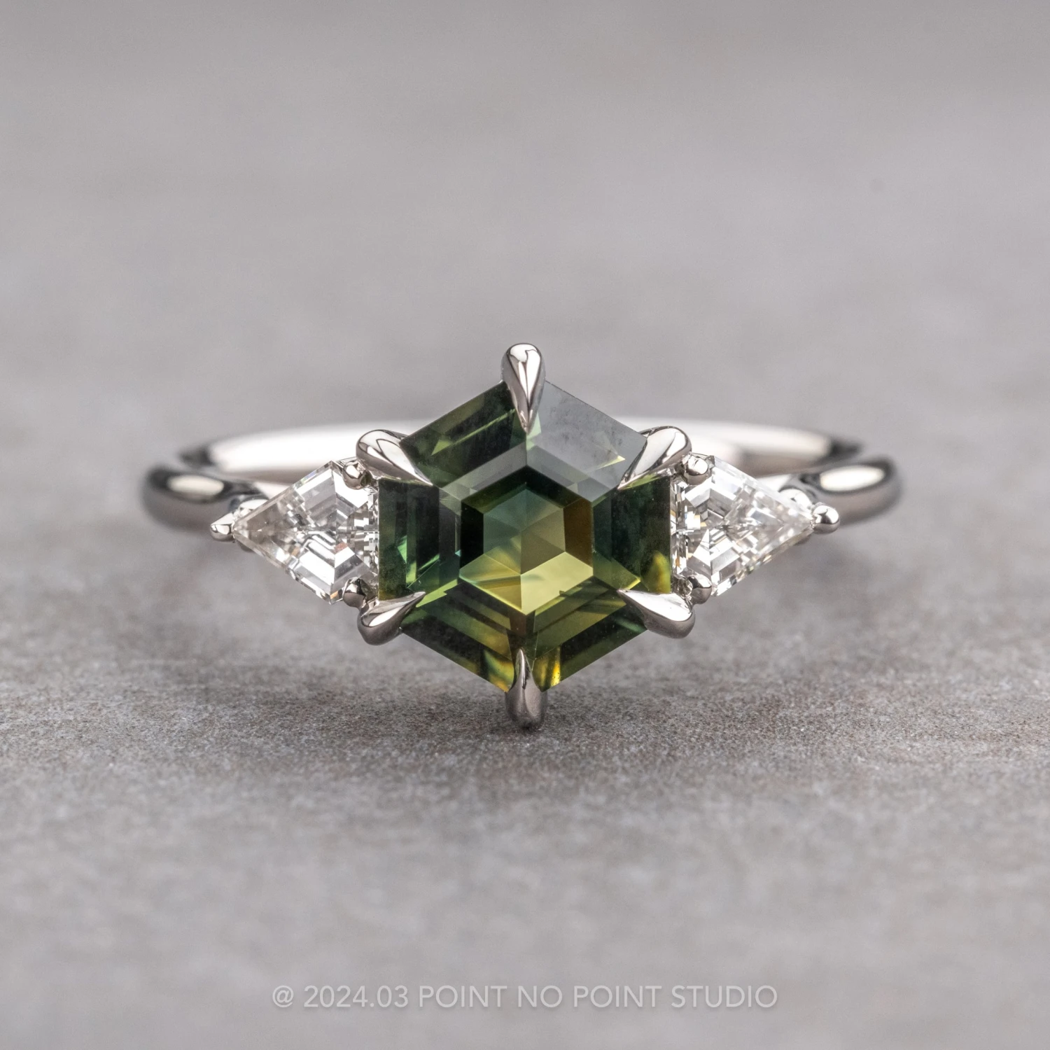 2.23 Carat Green Hexagon Sapphire And Diamond Engagement Ring, Lea Setting, Platinum 1 2.23 Carat Green Hexagon Sapphire And Diamond Engagement Ring, Lea Setting, Platinum