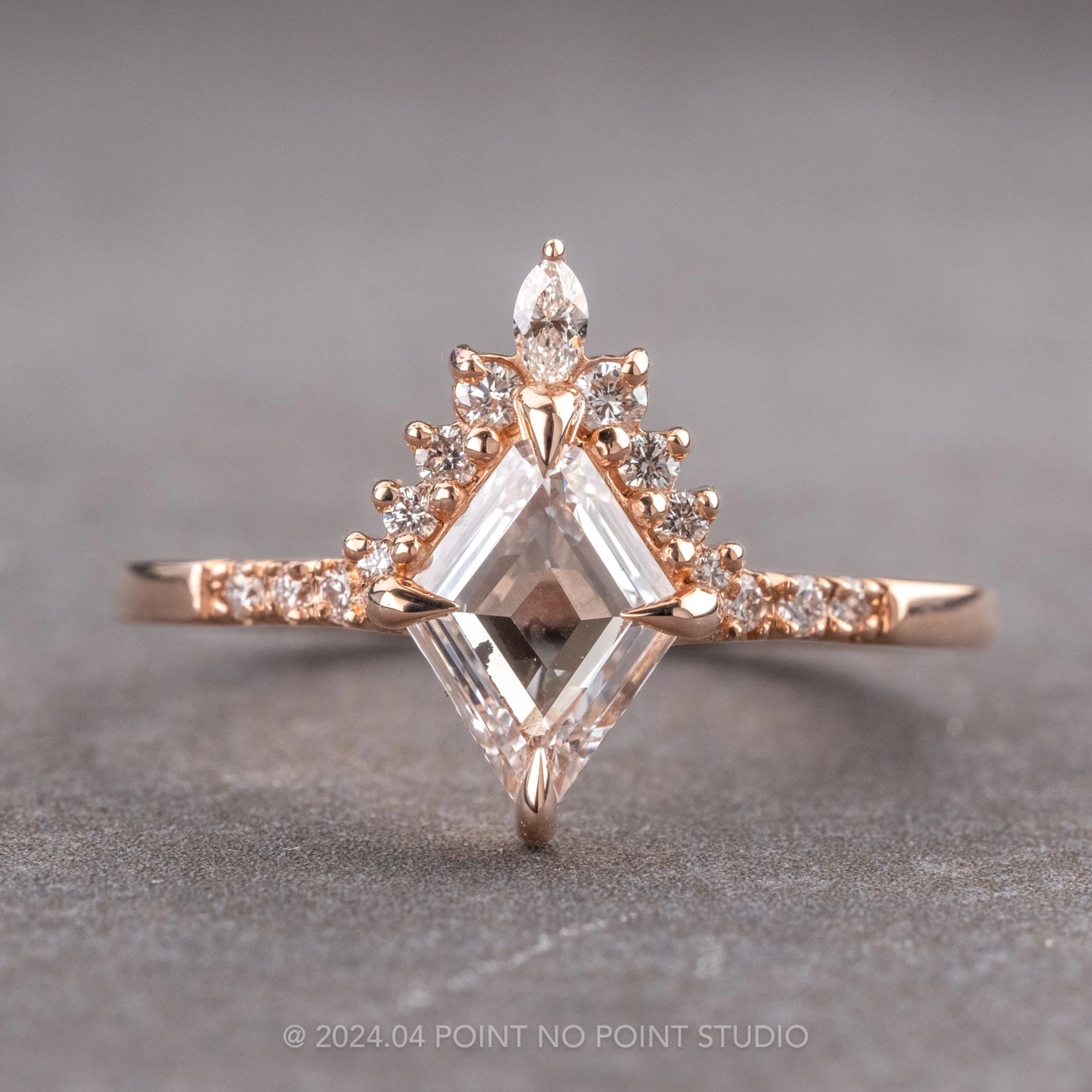 .85 Carat Clear Lozenge Diamond Engagement Ring, Avaline Setting, 14K Rose Gold 1 .85 Carat Clear Lozenge Diamond Engagement Ring, Avaline Setting, 14K Rose Gold