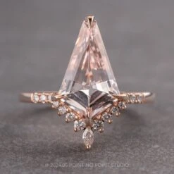 2.99 Carat Kite Morganite And Diamond Engagement Ring, Avaline Setting, 14k Rose Gold