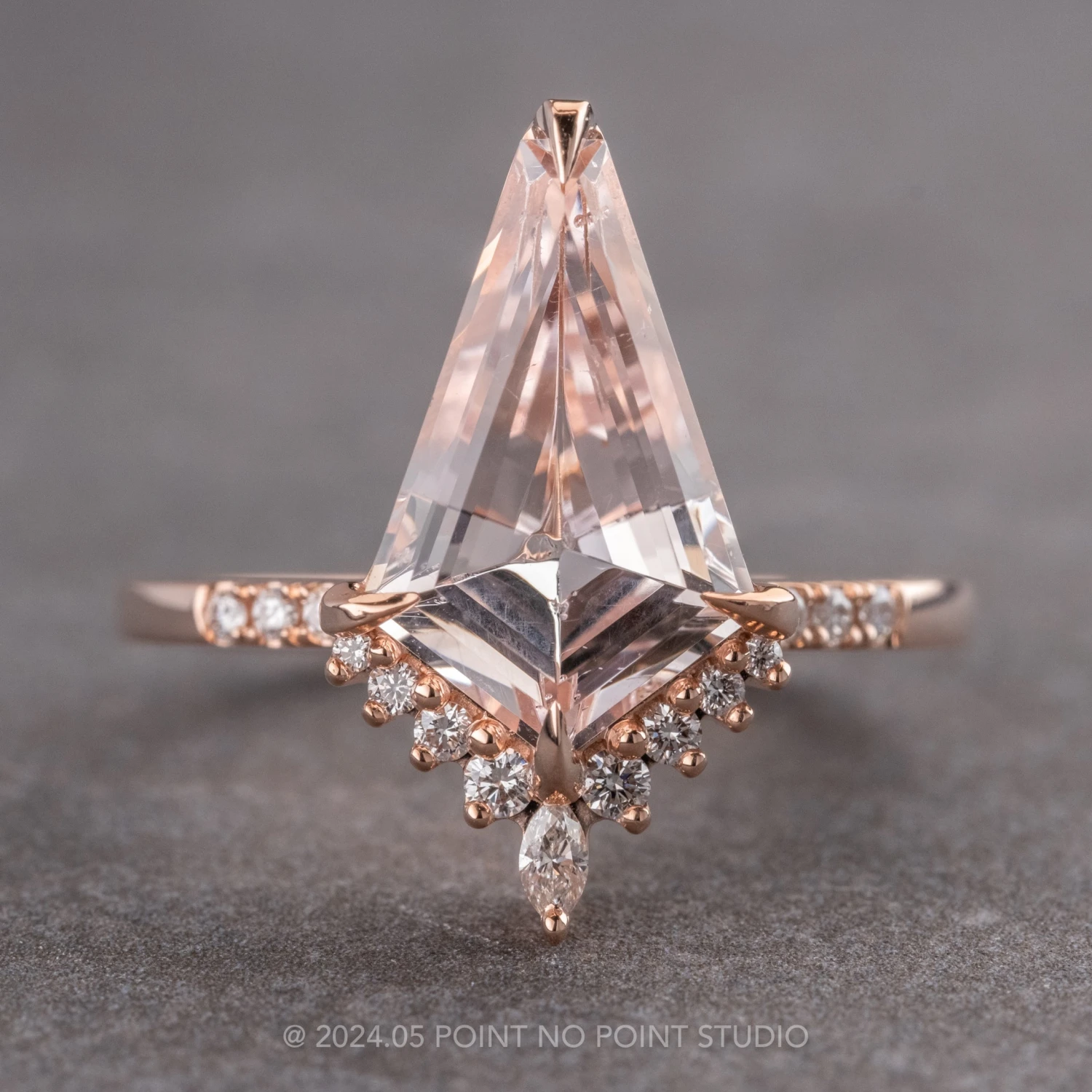 2.99 Carat Kite Morganite And Diamond Engagement Ring, Avaline Setting, 14k Rose Gold 1 2.99 Carat Kite Morganite And Diamond Engagement Ring, Avaline Setting, 14k Rose Gold