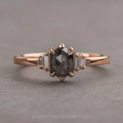 .73 Carat Black Speckled Hexagon Diamond Engagement Ring, Betty Setting, 14k Rose Gold