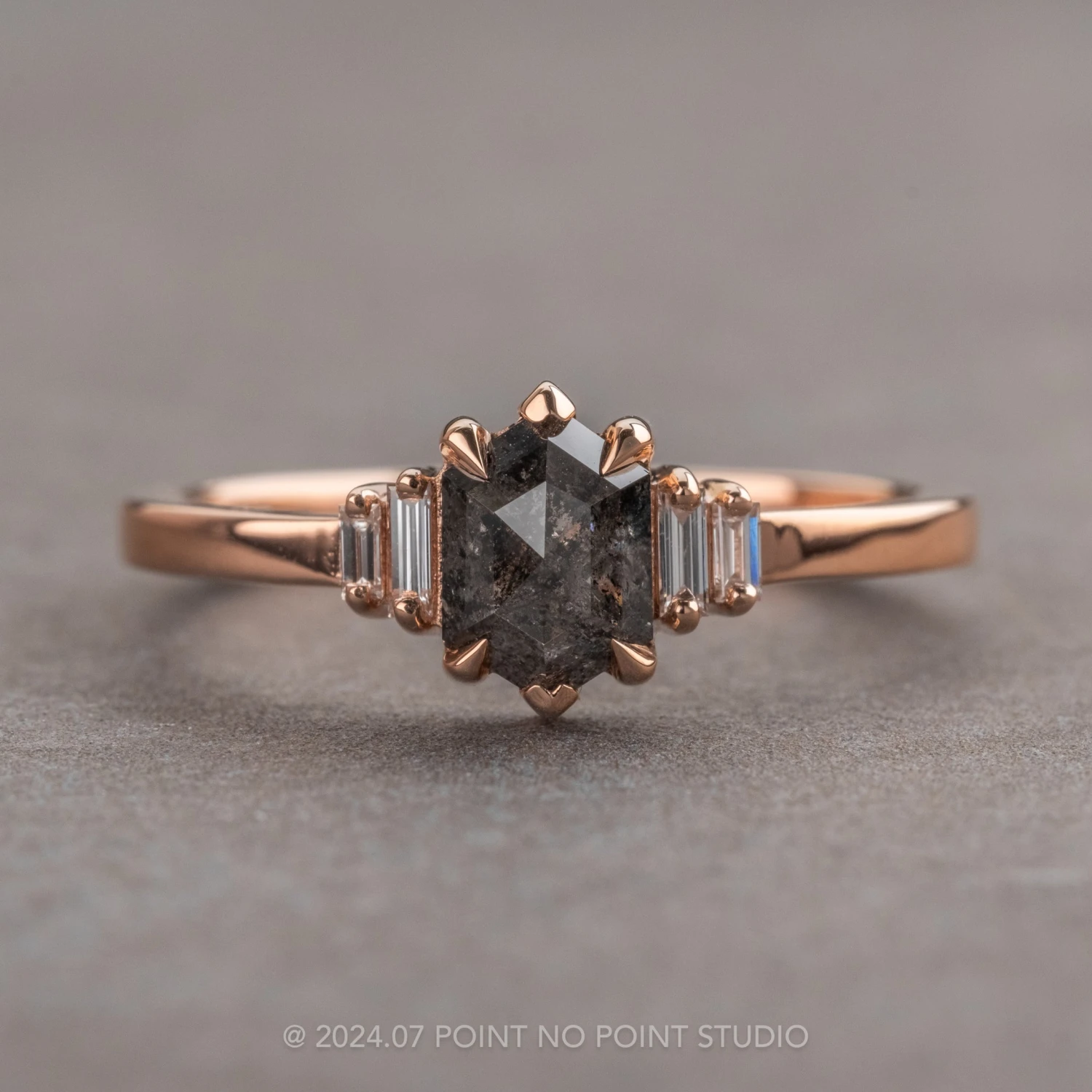.73 Carat Black Speckled Hexagon Diamond Engagement Ring, Betty Setting, 14k Rose Gold 1 .73 Carat Black Speckled Hexagon Diamond Engagement Ring, Betty Setting, 14k Rose Gold