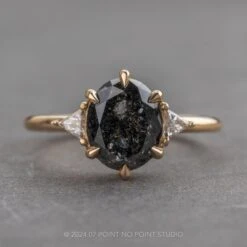 3.13 Carat Black Speckled Oval Diamond Engagement Ring, Zoe Setting, 14k Yellow Gold