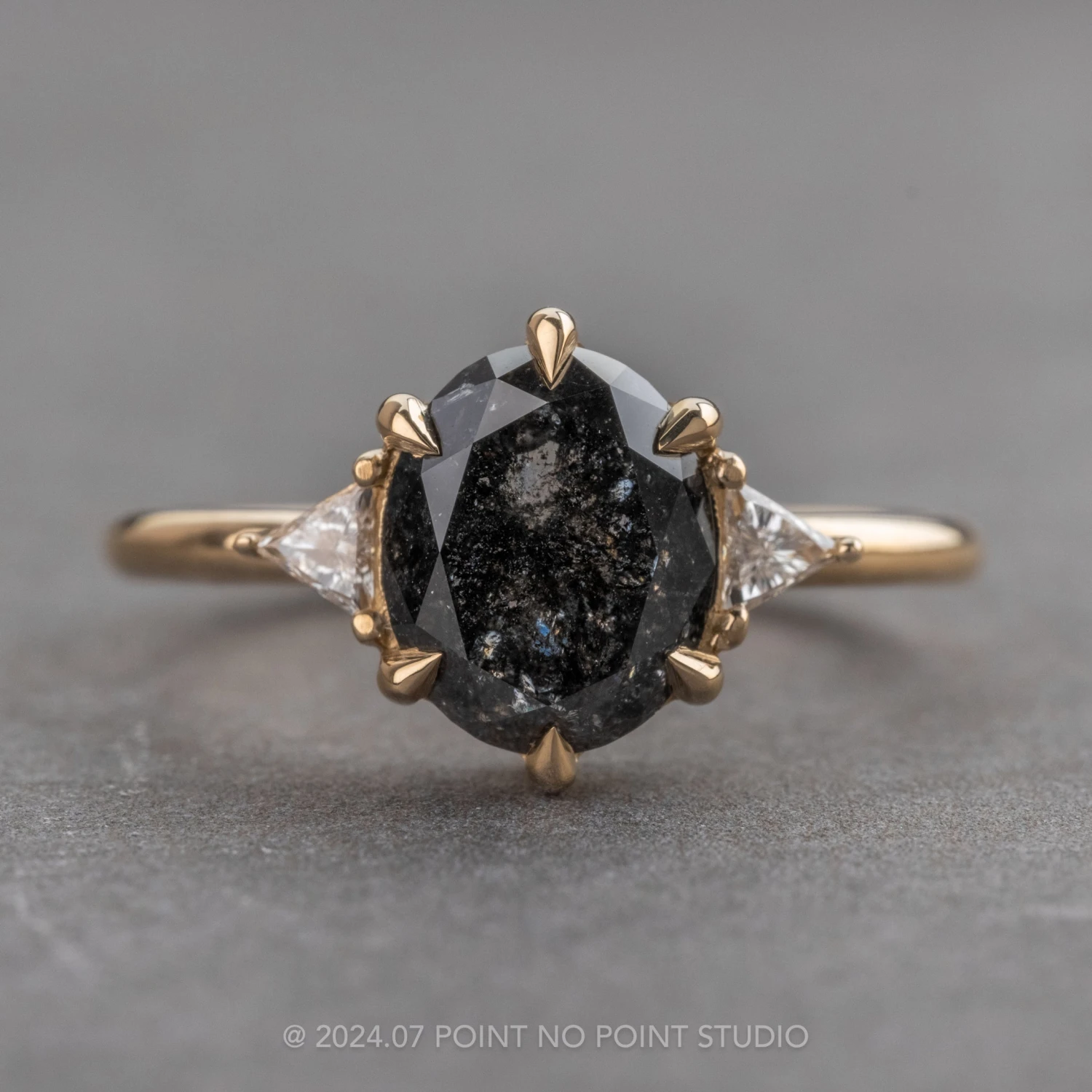 3.13 Carat Black Speckled Oval Diamond Engagement Ring, Zoe Setting, 14k Yellow Gold 1 3.13 Carat Black Speckled Oval Diamond Engagement Ring, Zoe Setting, 14k Yellow Gold