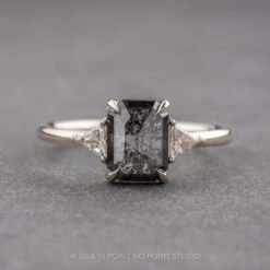 1.35 Carat Black Speckled Emerald Shaped Diamond Engagement Ring, Zoe Setting, 14k White Gold