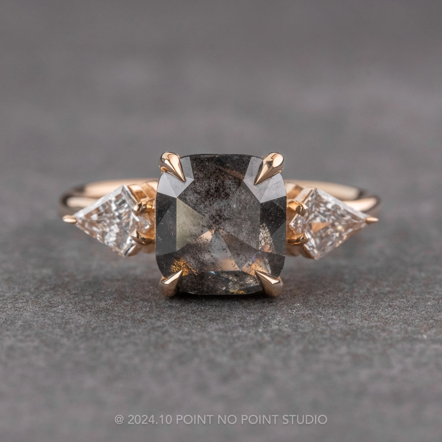 2.59 Carat Black Speckled Asscher Diamond Engagement Ring, Zoe Setting, 14K Peach Gold 1 2.59 Carat Black Speckled Asscher Diamond Engagement Ring, Zoe Setting, 14K Peach Gold