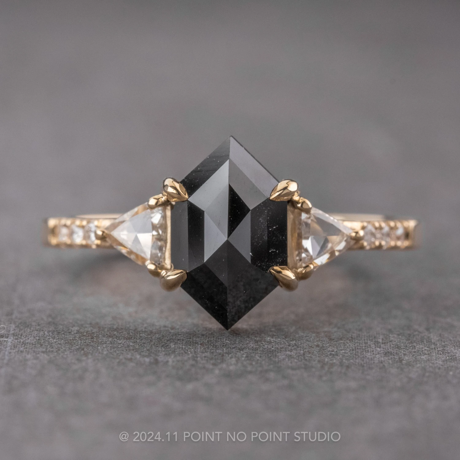 1.86 Carat Black Hexagon Diamond Engagement Ring, Eliza Setting, 14k Yellow Gold 1 1.86 Carat Black Hexagon Diamond Engagement Ring, Eliza Setting, 14k Yellow Gold