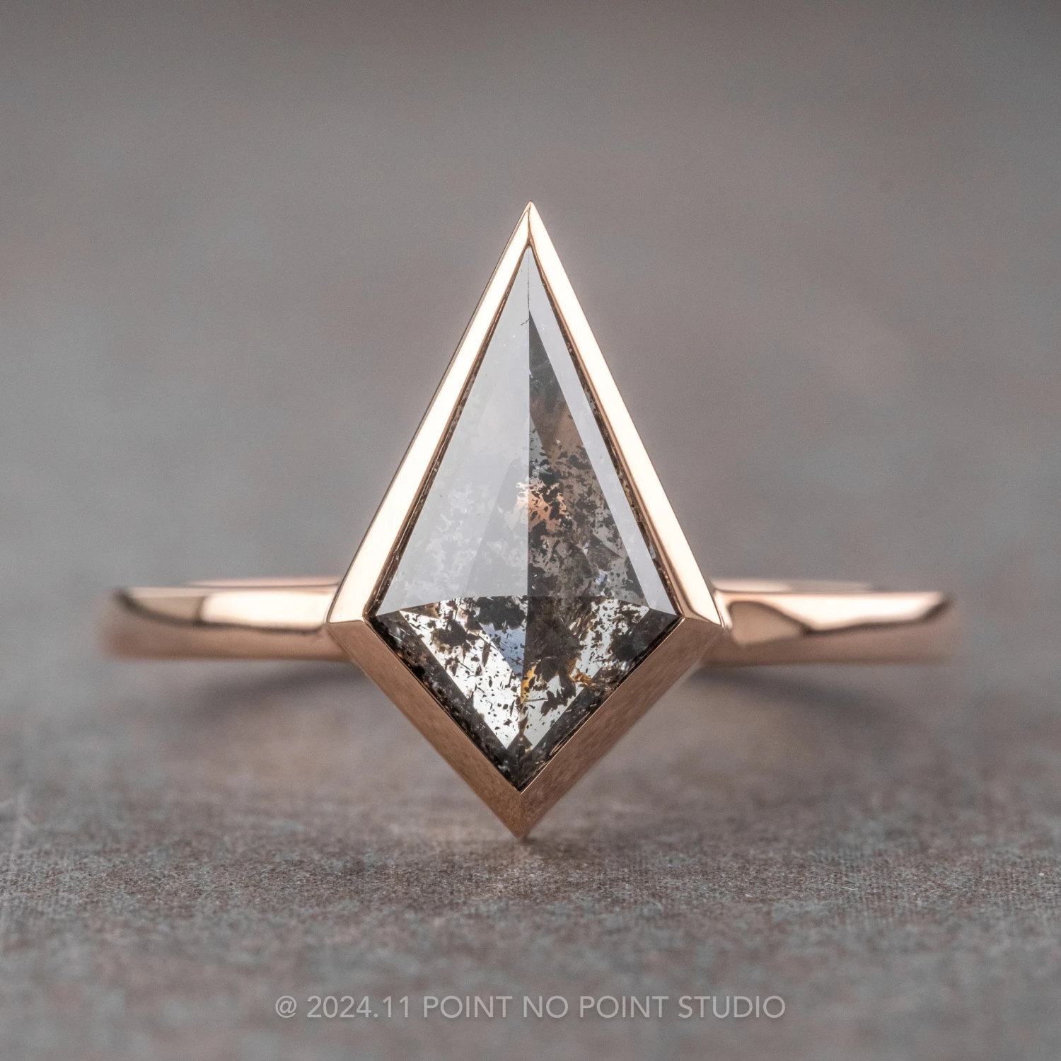 1.67 Carat Black Speckled Kite Diamond Engagement Ring, Bezel Jane Setting, 14K Rose Gold 1 1.67 Carat Black Speckled Kite Diamond Engagement Ring, Bezel Jane Setting, 14K Rose Gold