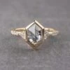 1.37 Carat Salt And Pepper Hexagon Diamond Engagement Ring, Bezel Eliza Setting, 14k Yellow Gold