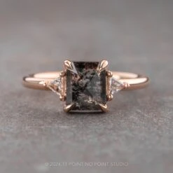 .86 Carat Black Speckled Emerald Shaped Diamond Engagement Ring, Zoe Setting, 14k Rose Gold