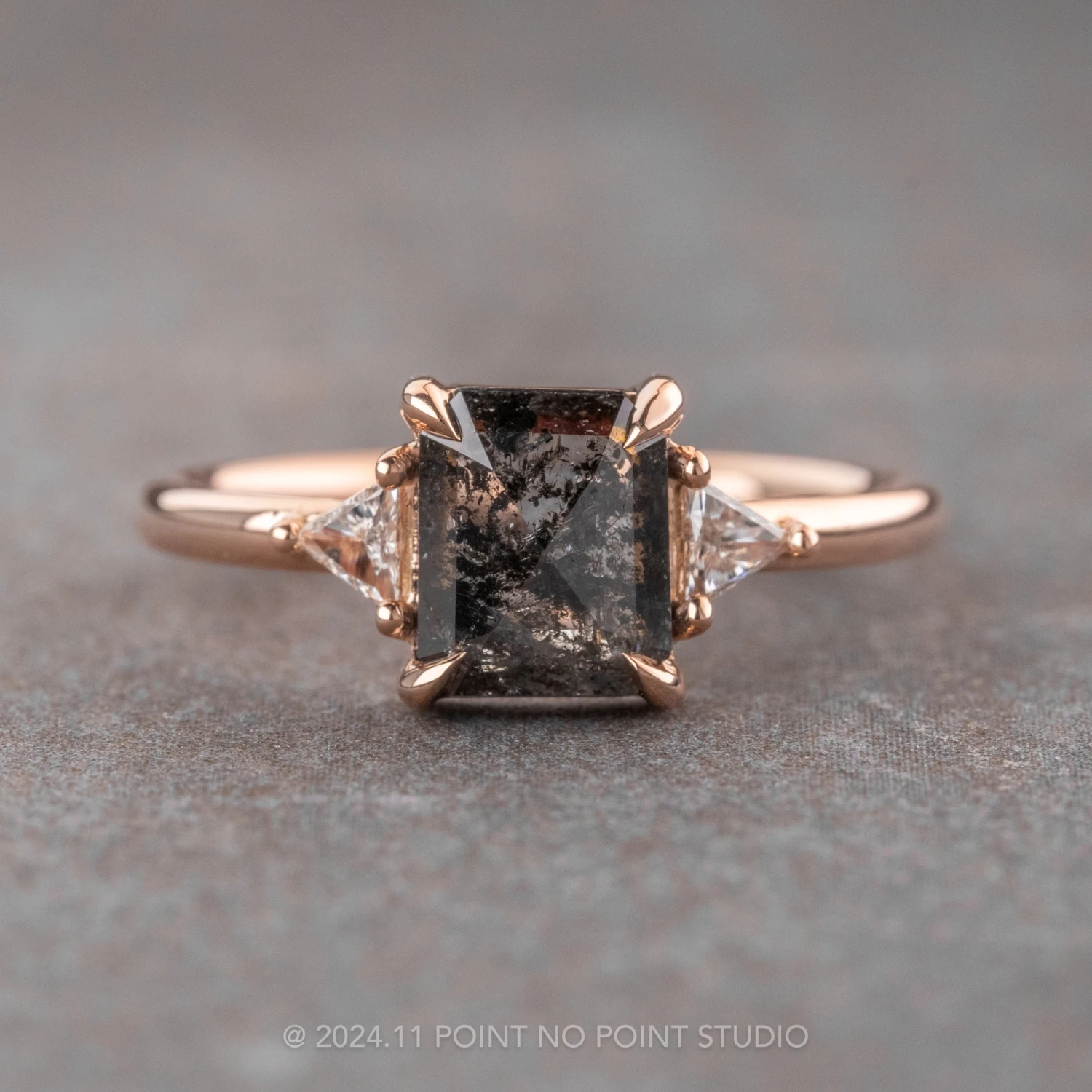 .86 Carat Black Speckled Emerald Shaped Diamond Engagement Ring, Zoe Setting, 14k Rose Gold 1 .86 Carat Black Speckled Emerald Shaped Diamond Engagement Ring, Zoe Setting, 14k Rose Gold