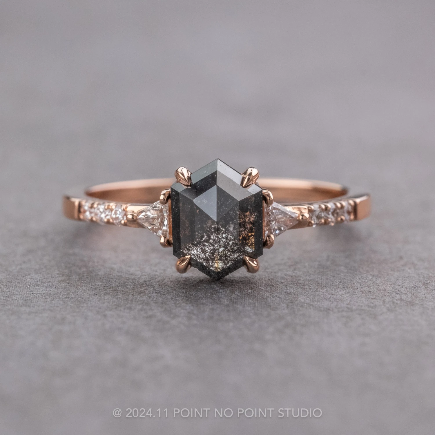 .95 Carat Black Speckled Hexagon Diamond Engagement Ring, Eliza Setting, 14k Rose Gold 1 .95 Carat Black Speckled Hexagon Diamond Engagement Ring, Eliza Setting, 14k Rose Gold