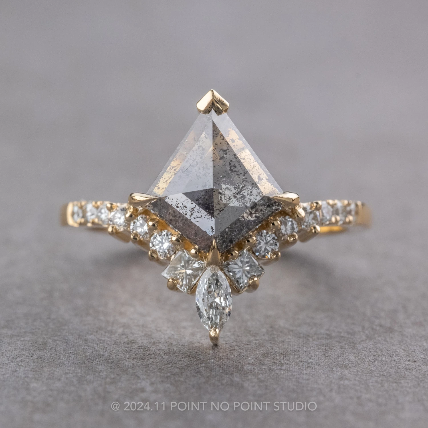 1.76 Carat Salt And Pepper Kite Diamond Engagement Ring, Willa Setting, 14K Yellow Gold 1 1.76 Carat Salt And Pepper Kite Diamond Engagement Ring, Willa Setting, 14K Yellow Gold