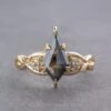 1.25 Carat Black Speckled Kite Diamond Engagement Ring, Leaf Quinn Setting, 14k Yellow Gold