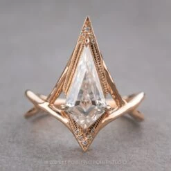 2.01 Carat Kite Moissanite And Diamond Engagement Ring, Twisted Arwen Setting, 14k Rose Gold