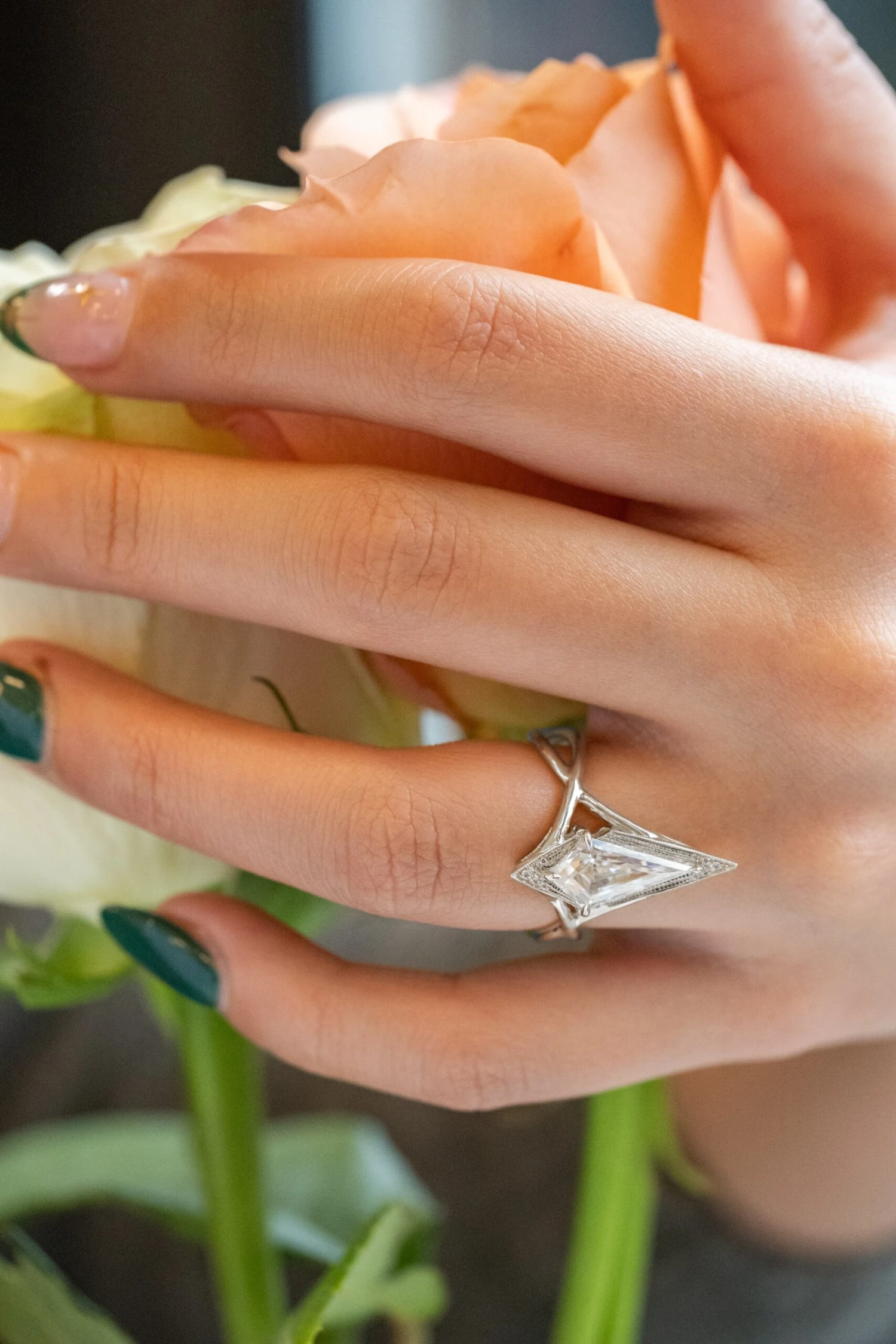 2.01 Carat Kite Moissanite And Diamond Engagement Ring, Twisted Arwen Setting, Platinum 2 2.01 Carat Kite Moissanite And Diamond Engagement Ring, Twisted Arwen Setting, Platinum - Image 2