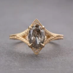 1.56 Carat Salt And Pepper Oval Diamond Engagement Ring, Engraved Arwen Setting, 14K Yellow Gold