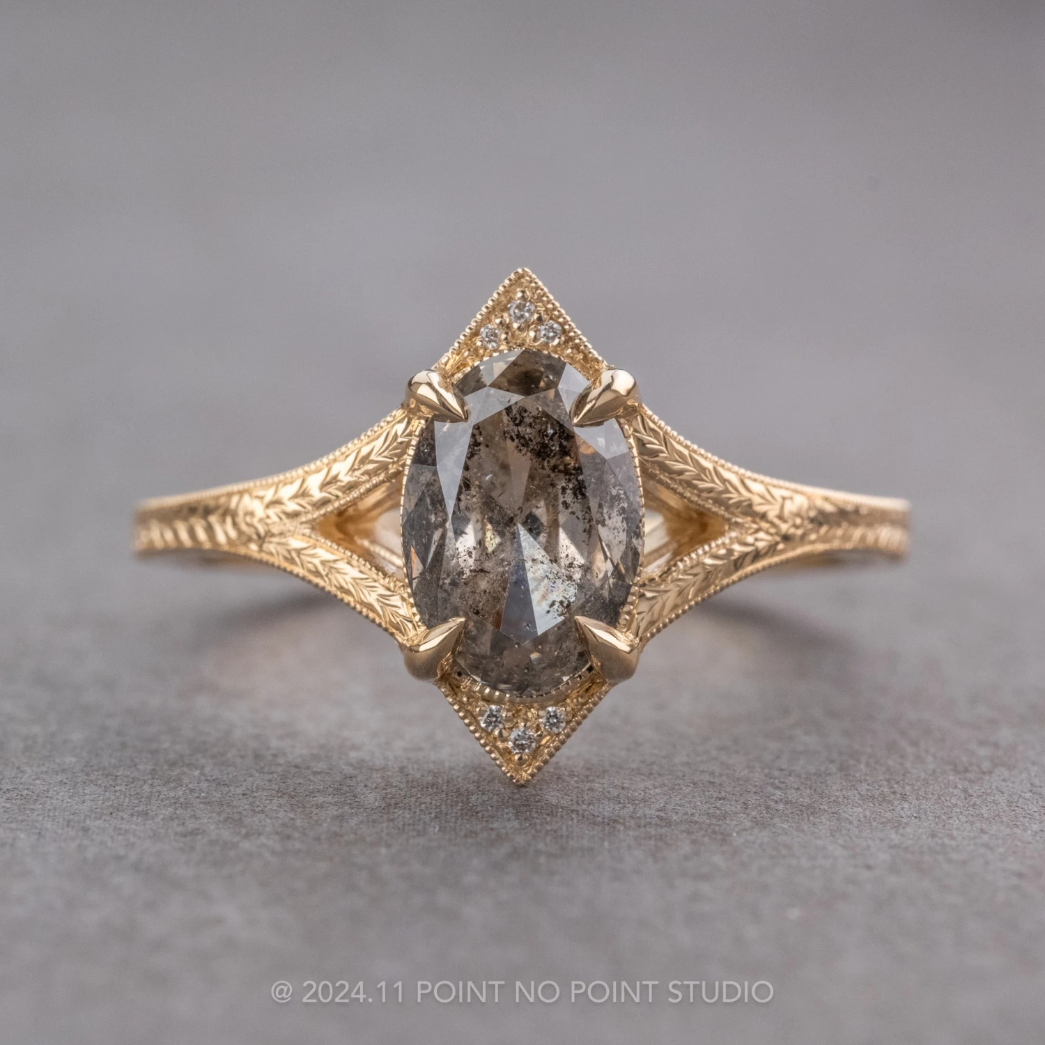 1.56 Carat Salt And Pepper Oval Diamond Engagement Ring, Engraved Arwen Setting, 14K Yellow Gold 1 1.56 Carat Salt And Pepper Oval Diamond Engagement Ring, Engraved Arwen Setting, 14K Yellow Gold