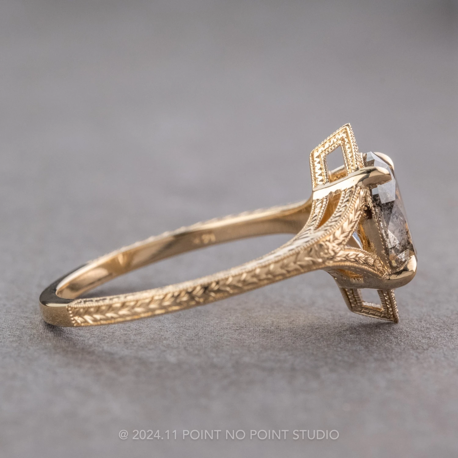 1.56 Carat Salt And Pepper Oval Diamond Engagement Ring, Engraved Arwen Setting, 14K Yellow Gold 7 1.56 Carat Salt And Pepper Oval Diamond Engagement Ring, Engraved Arwen Setting, 14K Yellow Gold - Image 7