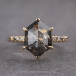 3.40 Carat Black Speckled Hexagon Diamond Engagement Ring, Ombre Sirena Setting, 14K Yellow Gold