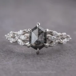 1.49 Carat Black Speckled Hexagon Diamond Engagement Ring, Winnie Setting, Platinum