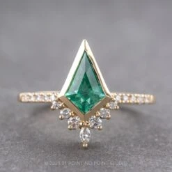 1.85 Carat Kite Emerald And Diamond Engagement Ring, Bezel Avaline Setting, 14k Yellow Gold