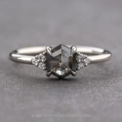1.30 Carat Black Speckled Hexagon Diamond Engagement Ring, Quinn Setting, 14k White Gold