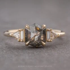 1.79 Carat Salt And Pepper Hexagon Diamond Engagement Ring, Beatrice Setting, 14k Yellow Gold