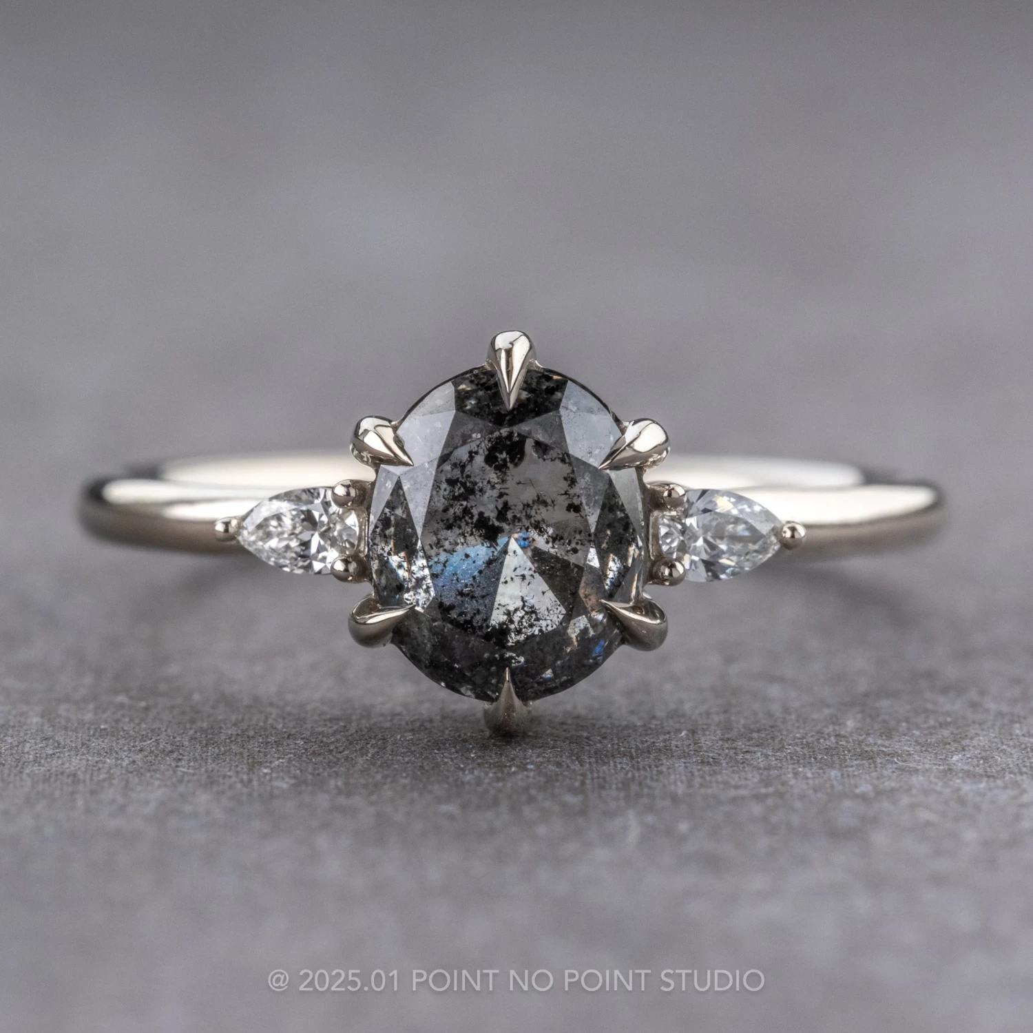 1.55 Carat Black Speckled Oval Diamond Engagement Ring, Zoe Setting, 14k White Gold 1 1.55 Carat Black Speckled Oval Diamond Engagement Ring, Zoe Setting, 14k White Gold