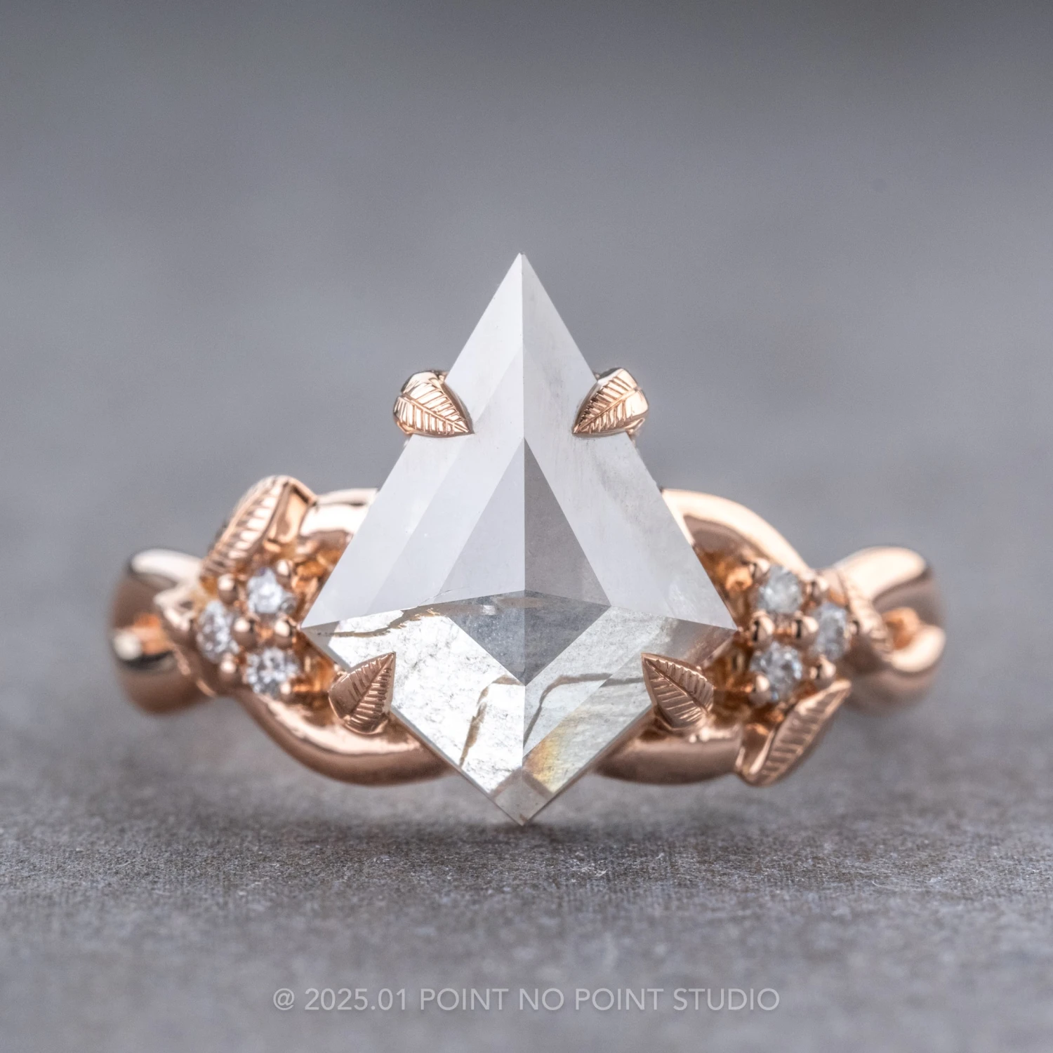 2.96 Carat Icy Grey Kite Diamond Engagement Ring, Leaf Quinn Setting, 14k Rose Gold 1 2.96 Carat Icy Grey Kite Diamond Engagement Ring, Leaf Quinn Setting, 14k Rose Gold
