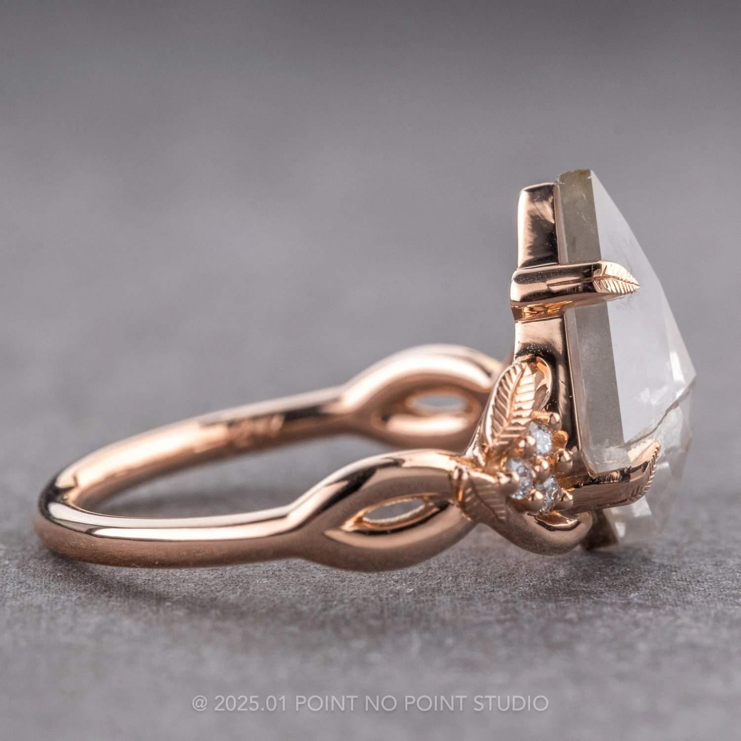 2.96 Carat Icy Grey Kite Diamond Engagement Ring, Leaf Quinn Setting, 14k Rose Gold 5 2.96 Carat Icy Grey Kite Diamond Engagement Ring, Leaf Quinn Setting, 14k Rose Gold - Image 5