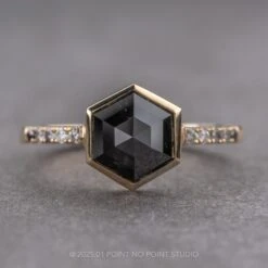 1.83 Carat Black Hexagon Diamond Engagement Ring, Bezel Ombre Jules Setting, 14K Yellow Gold