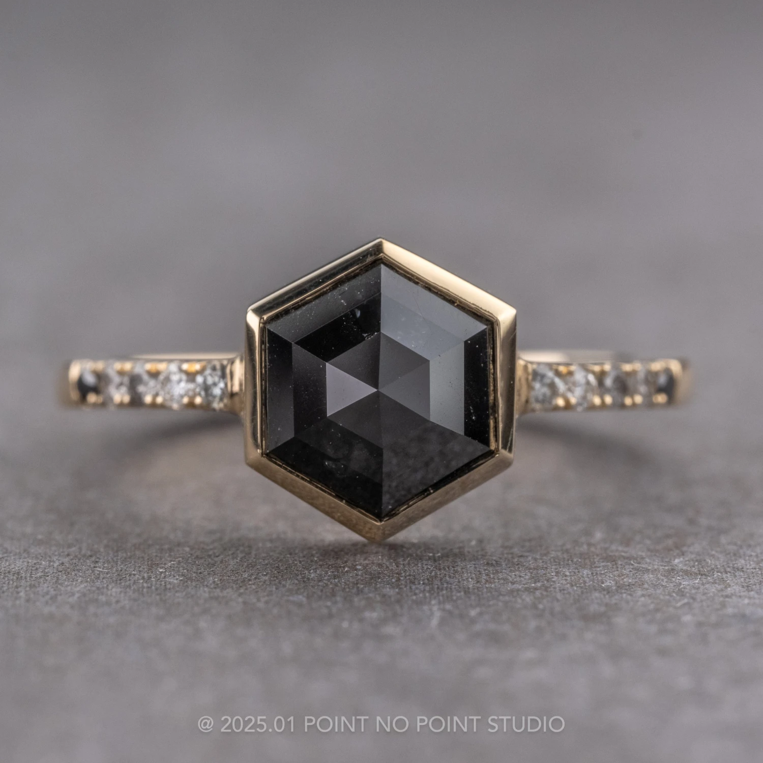 1.83 Carat Black Hexagon Diamond Engagement Ring, Bezel Ombre Jules Setting, 14K Yellow Gold 1 1.83 Carat Black Hexagon Diamond Engagement Ring, Bezel Ombre Jules Setting, 14K Yellow Gold