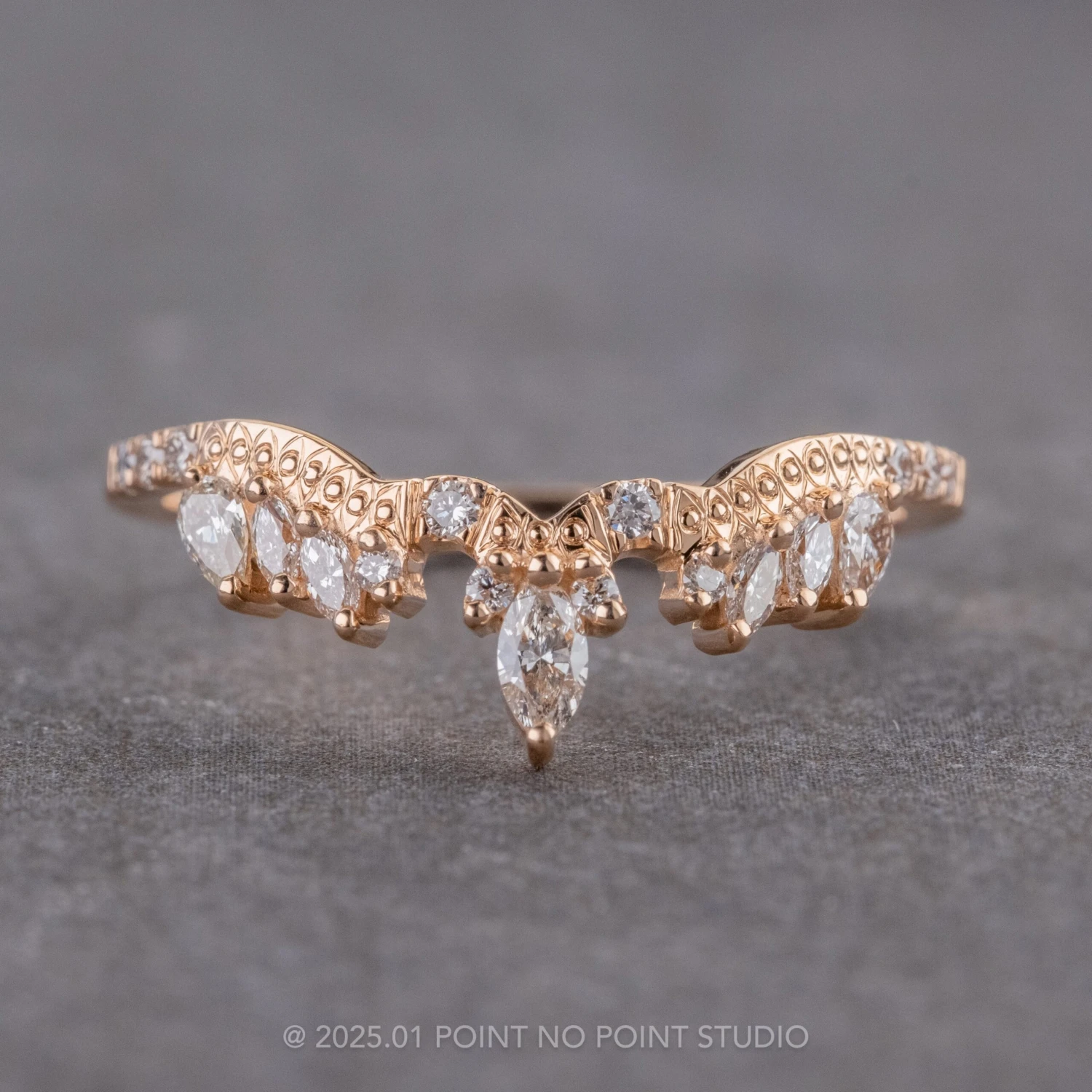 Marquise Diamond Wedding Band, Aziza Setting, 14k Peach Gold 1 Marquise Diamond Wedding Band, Aziza Setting, 14k Peach Gold