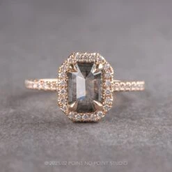 1.53 Carat Black Speckled Emerald Shaped Diamond Engagement Ring, Fiona Setting, 14k Peach Gold