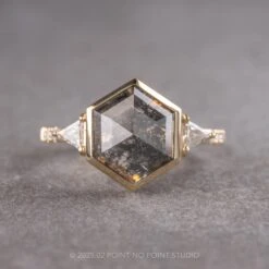 2.50 Carat Black Speckled Hexagon Diamond Engagement Ring, Bezel Eliza Setting, 14k Yellow Gold